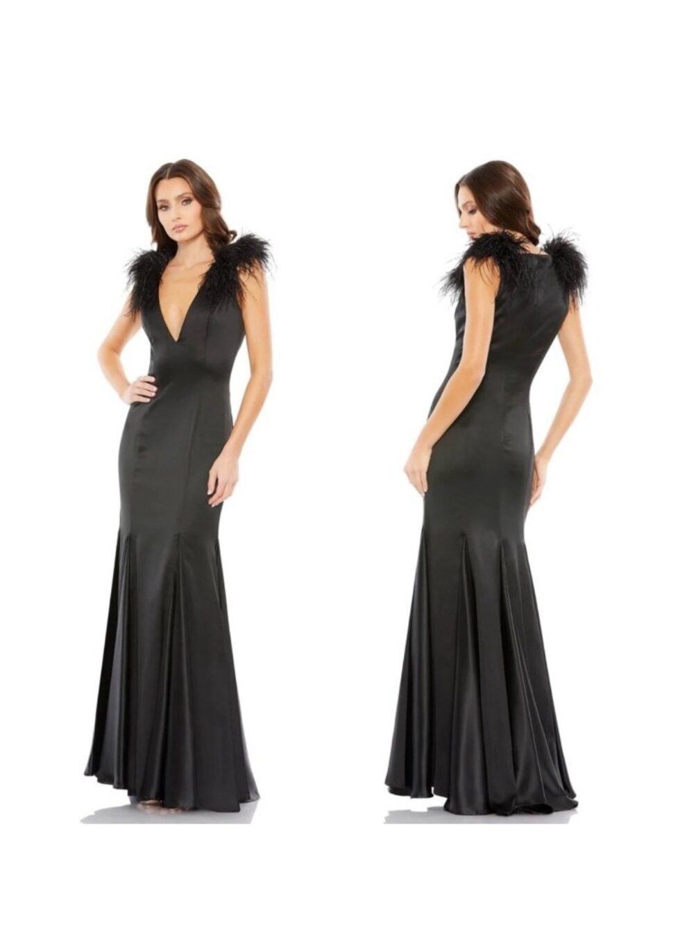 Mac Duggal Black Feather Detail V-Neck Black Satin Dress Size 6